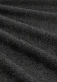 Dark grey fabric with subtle herringbone texture and faint vertical yellow pinstripes, shown in gentle folds.