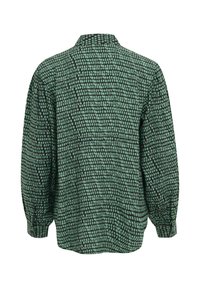 Groene blouse met lange mouwen, voorzien van een gestructureerd ruitpatroon, knoopsluiting bij de kraag en gathered manchet. Gemaakt van lichte stof.