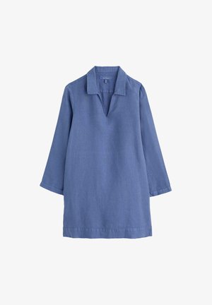 Zila lina tunika ar apkakles dekoltē, V veida griezuma un trīs ceturtdaļu piedurknēm. Gluda tekstūra ar brīvu piegriezumu un taisnu apakšmalu.