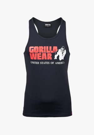 Tumši zilas bezpiedurkņu topiņš ar baltu un sarkanu "GORILLA WEAR" logotipu un tekstu "UNITED STATES OF AMERICA". Gluda auduma; pieguļošs dizains.