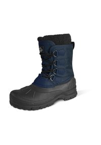 Marineblaue Winterstiefel mit schwarzer Gummisohle, Obermaterial aus strukturiertem Stoff, Fellfutter und Metallösen für die Schnürsenkel. Verfügt über erhabene Gummiverzierungen.