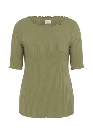 Olive green ribbed top with a scalloped neckline and short sleeves, featuring a fitted design and textured fabric. Brand label visible.