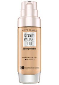 Fond de teint hydratant dans un flacon en verre transparent avec un bouchon pompe, étiqueté "Dream Radiant Liquid", en teinte ivoire naturelle avec des accents dorés.