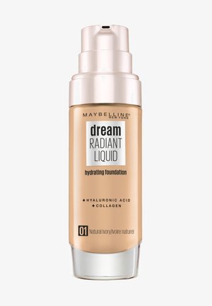 Fond de teint hydratant dans un flacon en verre transparent avec un bouchon pompe, étiqueté "Dream Radiant Liquid", en teinte ivoire naturelle avec des accents dorés.
