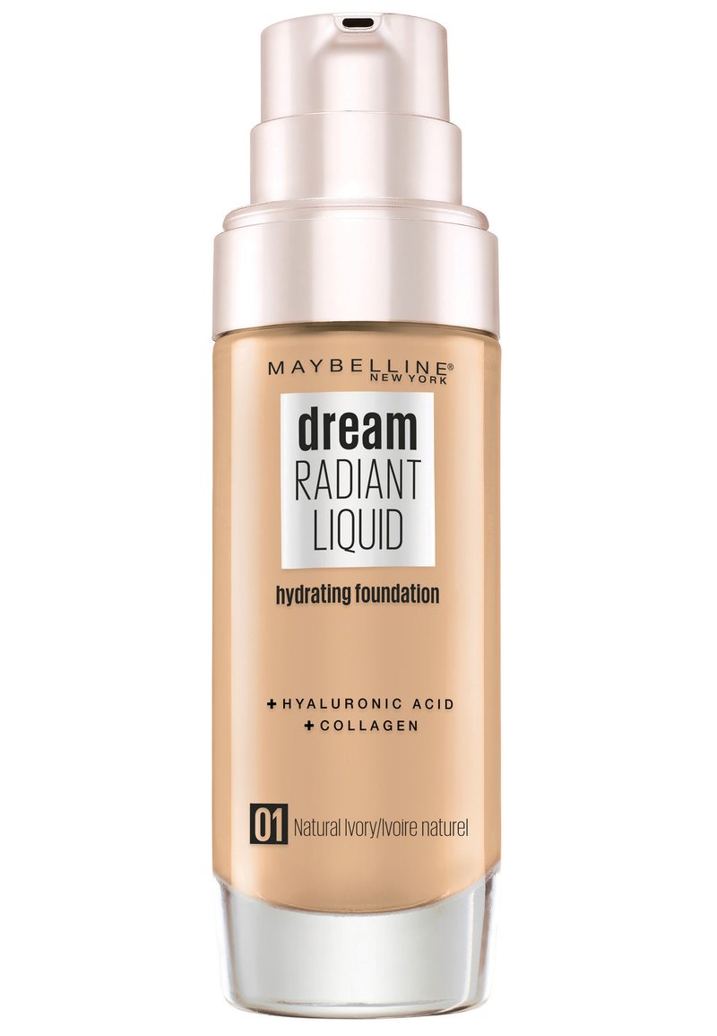 Fond de teint hydratant dans un flacon en verre transparent avec un bouchon pompe, étiqueté "Dream Radiant Liquid", en teinte ivoire naturelle avec des accents dorés.