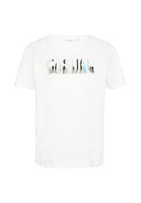 Weiße Baumwoll-T-Shirt mit kurzen Ärmeln, die mehrfarbigen, bestickten Text "CASUAL" in unterschiedlichen Höhen und Texturen zeigt.