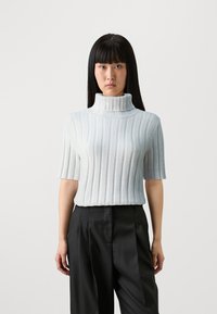 Hellgrauer, gerippter Rollkragenpullover aus weichem Material, mit kurzen Ärmeln und körpernahem Schnitt. Kombiniert mit taillierten schwarzen Hosen.