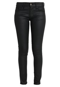 Jeans ajustados negros hechos de un material brillante y elástico. Presentan cinco bolsillos, cierre con botón y cremallera, y diseño de corte slim.