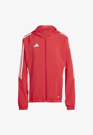 Red zip-up jacket with a hood, featuring white striped accents along the sleeves and an Adidas logo on the upper left. Smooth texture.