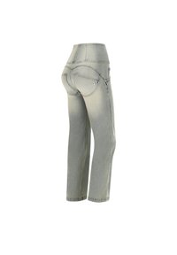 Jeans in denim grigio con vita alta, design a gamba dritta, finitura sbiadita, due tasche posteriori e un accento in metallo con logo su una tasca.