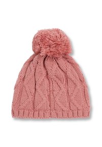 Stickad rosa mössa med ett strukturerat kabelmönster och en fluffig pom-pom på toppen. Mjukt material och flexibel passform för värme.