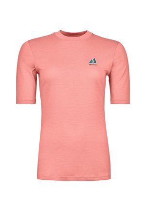 Short-sleeve, light coral t-shirt featuring a round neck and a blue logo accent on the left chest. Made from a smooth, breathable fabric.