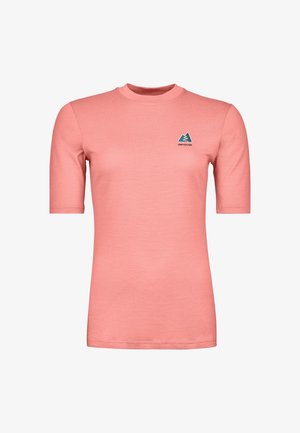 Short-sleeve, light coral t-shirt featuring a round neck and a blue logo accent on the left chest. Made from a smooth, breathable fabric.