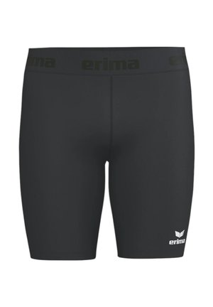 Shorts de sport noirs ajustés avec une large ceinture et le logo "erima" sur la ceinture et sur le bas de la jambe gauche.