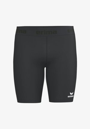 Zwarte strakke sportshorts met een brede tailleband en het "erima"-logo zowel op de tailleband als aan het onderste linkerbeen.