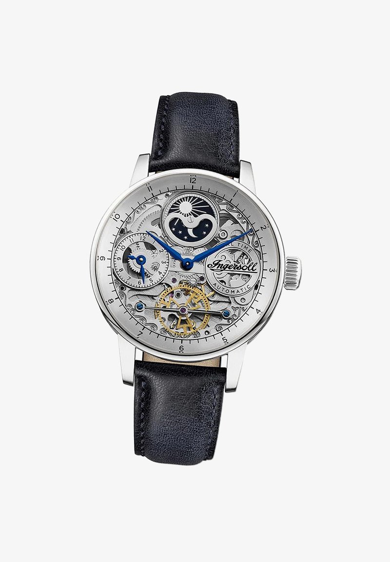 Zilveren roestvrijstalen horloge met een transparante wijzerplaat, blauwe accenten en een zwarte leren band die ingewikkelde mechanische details toont.