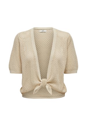 Beige kortermet åpen foran strikket cardigan med strukturert mønster og knytting foran i midjen.