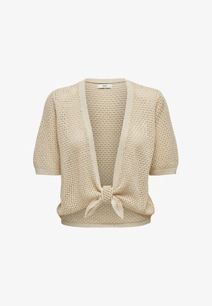 Beige kortermet åpen foran strikket cardigan med strukturert mønster og knytting foran i midjen.