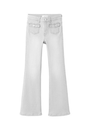 Svetlo sive razširjene kavbojke iz jeansa, z dizajnom s petimi žepi, dvema zadnjima žepoma z zaponko in standardnim pasom z zapiranjem na gumb.