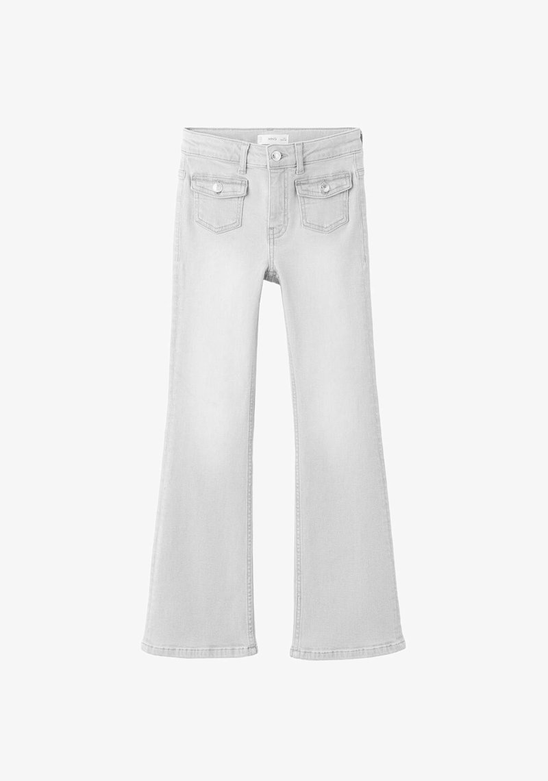 Lichtgrijze flared jeans van denim, met een ontwerp met vijf zakken, twee achterzakken met klep, en een standaard tailleband met knoopsluiting.