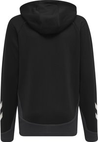 Felpa nera con cappuccio in tessuto morbido, con pannelli in rete sui lati e strisce bianche lungo le maniche. Vestibilità aderente con un design minimalista.