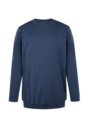 Marineblauwe lange mouwen t-shirt van zachte stof, met een ronde hals en een klein reliëflogo op de borst. Vloeiende textuur.