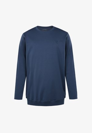 Maglietta a maniche lunghe blu navy realizzata in stoffa morbida, con colletto rotondo e un piccolo logo in rilievo sul petto. Texture liscia.