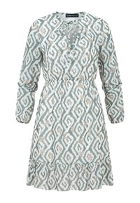 Robe à manches longues avec un motif géométrique vert clair et blanc, un col noué, une taille élastique et un ourlet volanté.