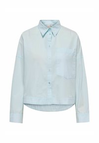 Light blue, long-sleeve button-up shirt made of cotton. Features a collar and chest pocket. Slightly cropped with a rounded hem.