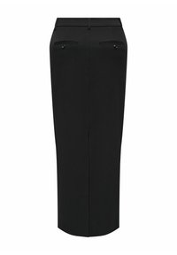 Jupe crayon noire avec deux poches arrière, accents de boutons et design droit, fabriquée dans un tissu lisse et extensible. Idéale pour une tenue formelle.