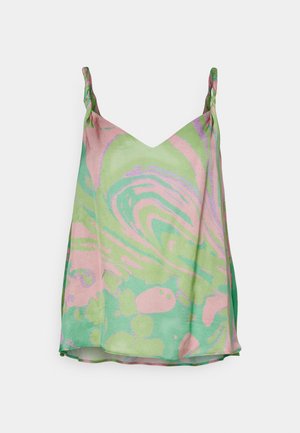 Satininė kamzola šviesiai žalia ir rožinės marmuro rašto, turinti susuktas petnešas ir laisvo kirpimo dizainą.