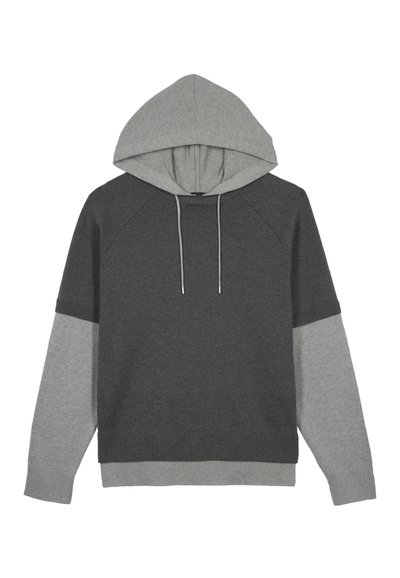 Felpa con cappuccio di colore grigio scuro con maniche grigio chiaro. Include polsini e orlo a coste, e lacci sul cappuccio.