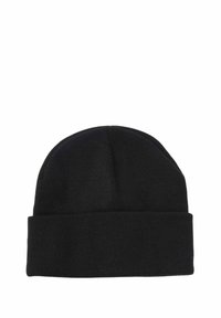 Berretto in maglia nera con risvolto, realizzato in un tessuto morbido ed elastico; presenta una texture liscia e nessun motivo o dettaglio visibile.