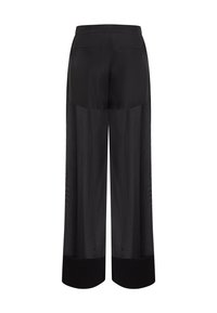 Černé kalhoty s širokými nohavicemi, s průsvitnými panely z látky a pevnými manžetami, vybavené zadními kapsami na lemu a vysokým pasem.