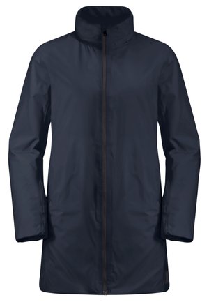 Marineblauwe regenjas met hoge kraag, volledige ritssluiting, lange mouwen en een gladde, waterafstotende stof. Minimalistisch ontwerp zonder patronen.