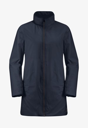 Marineblauwe regenjas met hoge kraag, volledige ritssluiting, lange mouwen en een gladde, waterafstotende stof. Minimalistisch ontwerp zonder patronen.