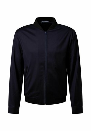 Navyblaue Bomberjacke mit durchgehendem Reißverschluss, geripptem Kragen, Bündchen, Saum und Seitenaschen.