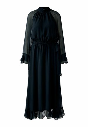 Black, long-sleeve dress with a high neck, elastic waist, and ruffled cuffs. Made from lightweight fabric, features a flowing silhouette.