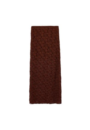 Brown lace skirt featuring a textured, open pattern. The design is floor-length with a straight silhouette and a waistband.