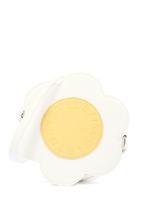 Borsa a tracolla bianca a forma di fiore con centro circolare giallo impresso con la scritta "Stella McCartney".