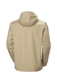 Beżowa kurtka z kapturem z elastycznymi mankietami pokazana od tyłu, wykonana z gładkiego, prostego materiału.