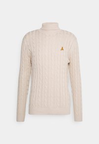 Beige Kabelstrick-Pullover mit hohem Kragen, gerippten Bündchen und Saum, ausgestattet mit einem kleinen gelben Logo auf der linken Brust.