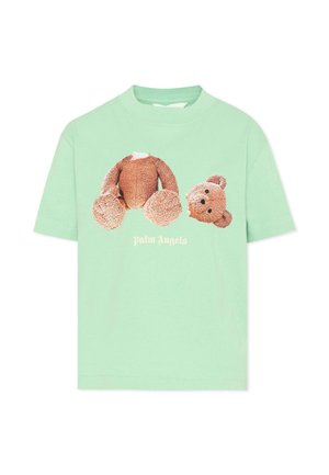 Maglietta verde chiaro con una grafica di un orsetto smontato e la scritta "Palm Angels" sotto l'orsetto.