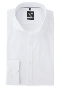 Witte, superstrakke overhemd met een button-down kraag, enkele manchetten en parelachtige knopen. De stof is glad met een schone, frisse textuur.