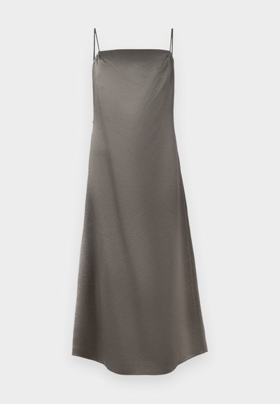 Satin slip dress in a muted gray tone, featuring thin spaghetti straps, a relaxed fit, and a subtle textured surface.