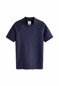 Mörkblå rash guard med kort ärm, tillverkad av slät och elastisk tyg. Har en rund halsringning och en liten logodetalj vid bröstet.