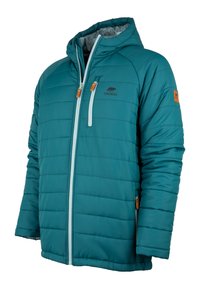 Giacca isolata color teal con cappuccio, dotata di cerniere blu chiaro, tre tasche, un motivo trapuntato e dettagli in pelle marrone.