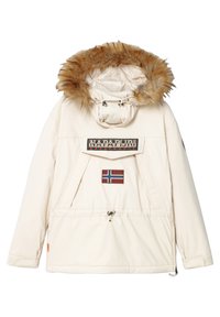 Hvid parka med hue foret med pels, prydet med et logo-patch og detail med Norges flag. Snøre i taljen og stor frontlomme, vandtæt materiale.