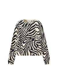 Pull à manches longues col rond avec motif zèbre noir et beige sur fond blanc.