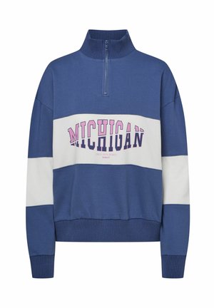 Blau-weißes Sweatshirt mit hohem Kragen, halber Reißverschluss und gerippten Bündchen. Auf der Brust ist "MICHIGAN" in Pink aufgedruckt.